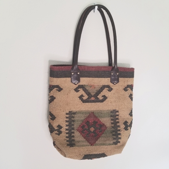 Kilim style jute bag with leather handles no brand - Picture 2 of 11